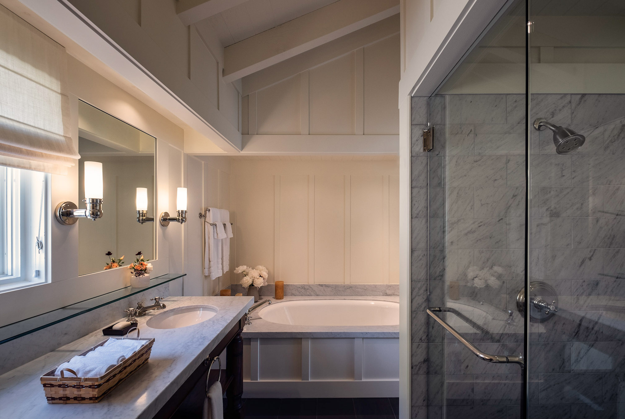 Treeline Suite bathroom with separate shower, soaking tub and vanity