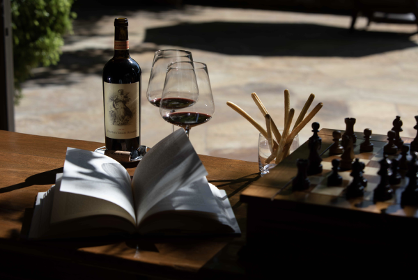 Outdoor table with chess board, a book, two glasses of red wine