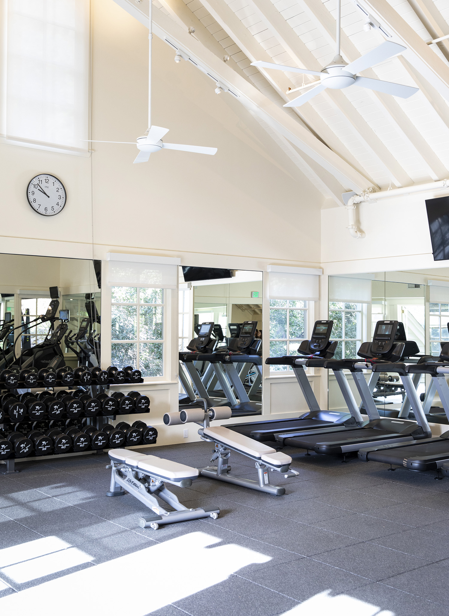 Fitness room with treadmills and free weights