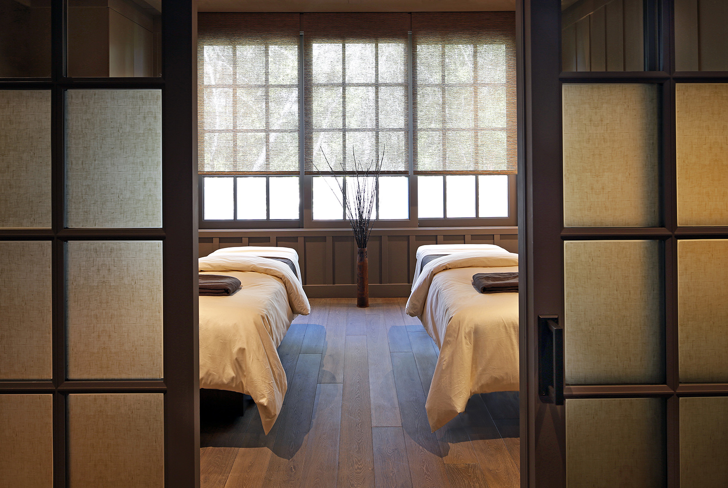 Interior view of our couples spa suite with two spa beds at our Meadowood Napa Valley resort.