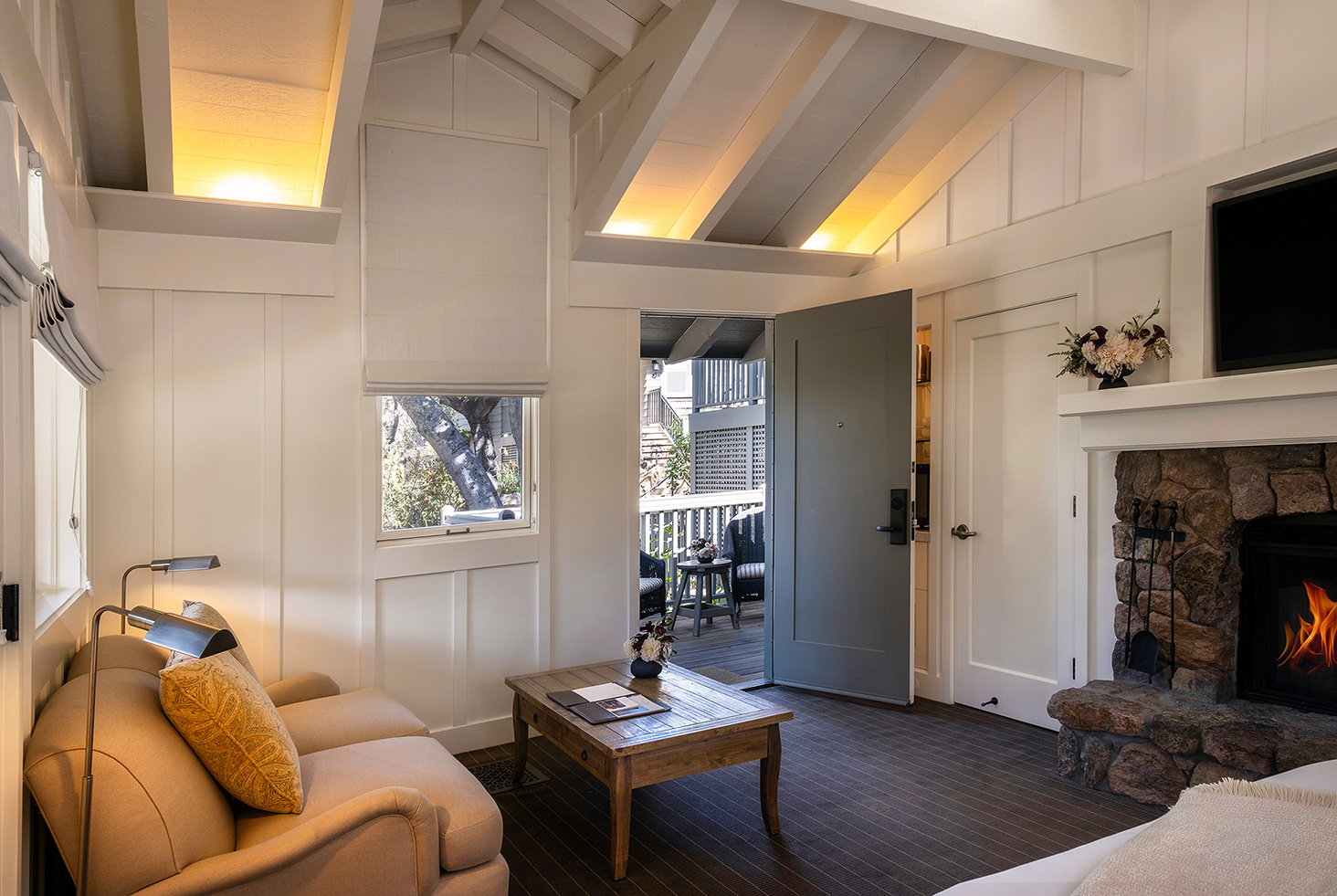 Cottage Room seating area and fireplace