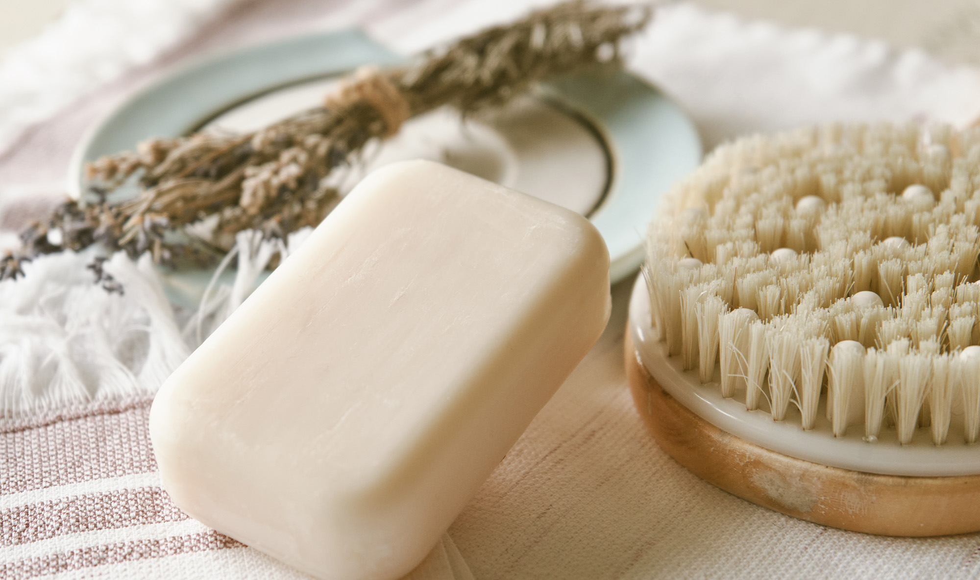 Handmade organic white soap with body brush and aroma herbs