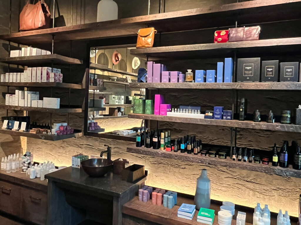 shelves of spa and skincare products